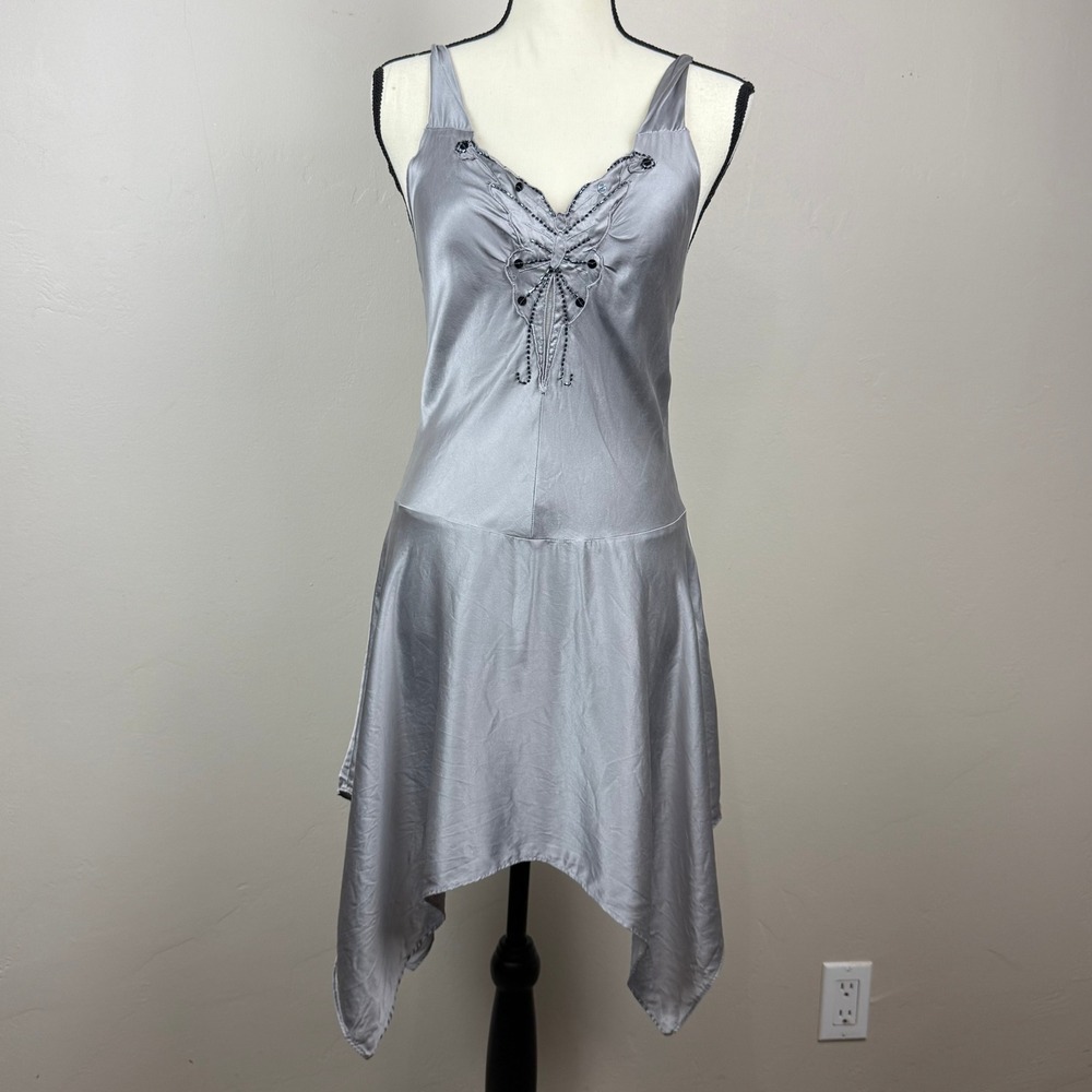 Victoria's Secret Silk Slip Dress Women XS Silver Beaded Cowl Back Y2K Vtg Fairy